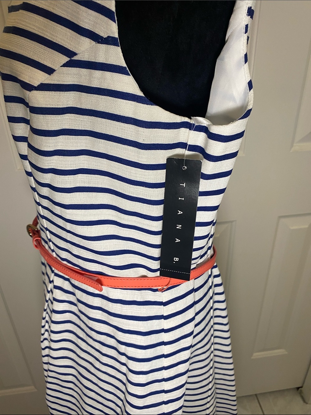 Tiana B. Navy and White Striped Sleeveless Midi Dress with Coral Belt size 16 - Picture 4 of 9